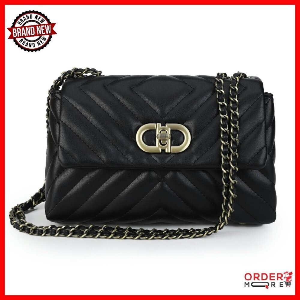 Small Quilted Crossbody Bag with Chain Strap - Faux Leather Designer Purse